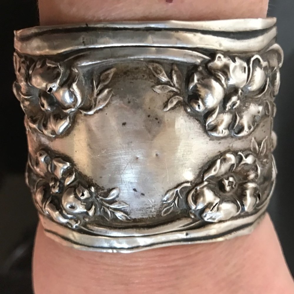 Art Nouveau Cuff Bracelet Floral Solid Sterling Silver 925 Antique Spoon Ring